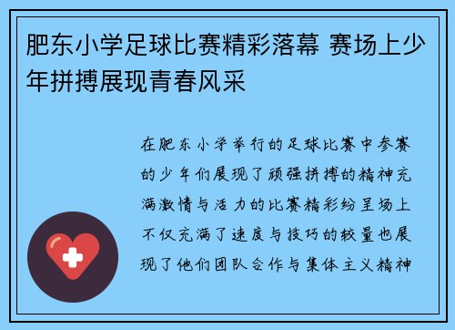 肥东小学足球比赛精彩落幕 赛场上少年拼搏展现青春风采