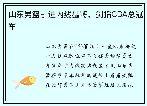 山东男篮引进内线猛将，剑指CBA总冠军